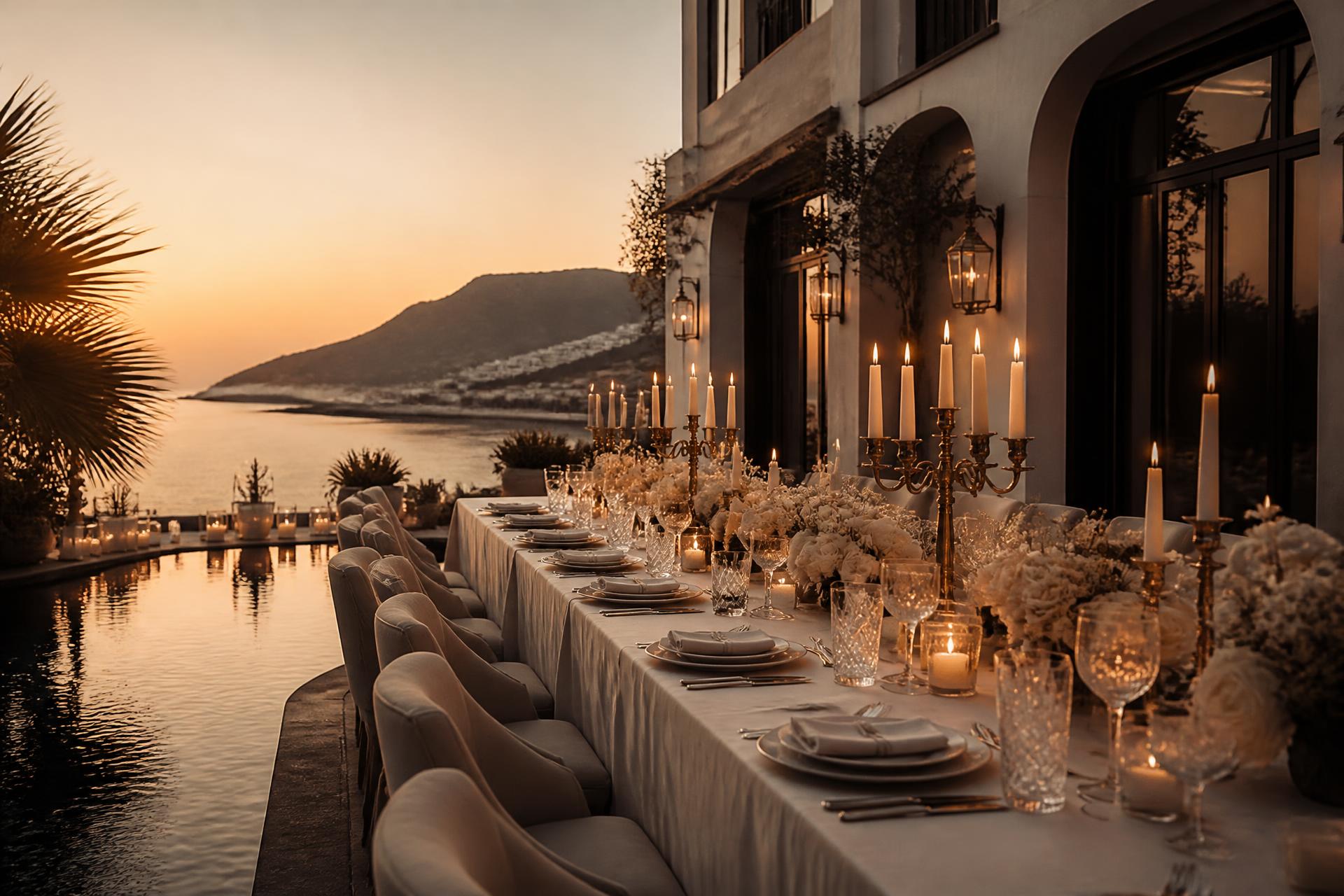 Candlelit villa terrace overlooking the sea at golden hour